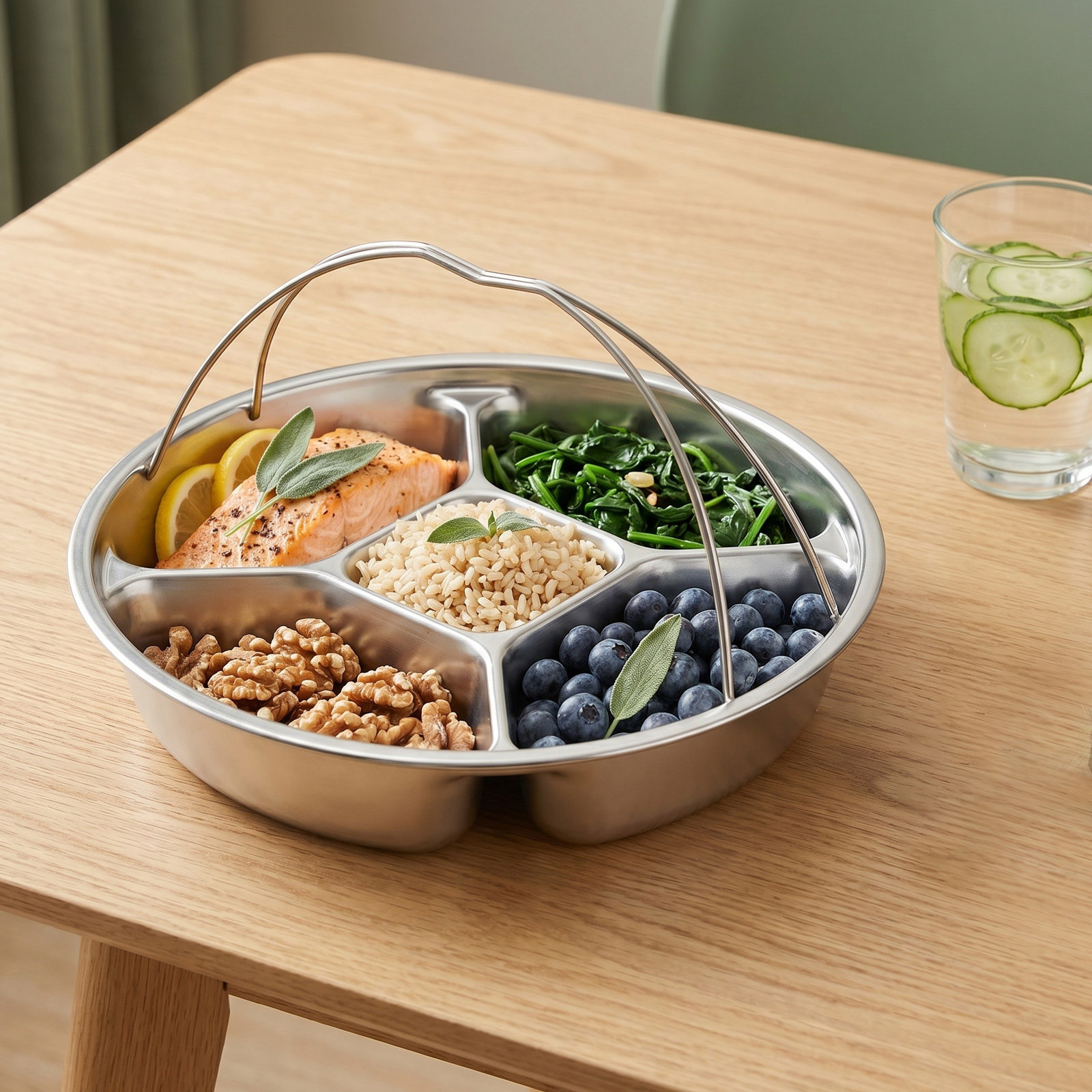 Meal Prep Kitchen - Roestvrijstalen portieplaat met 5 compartimenten, verdeelde